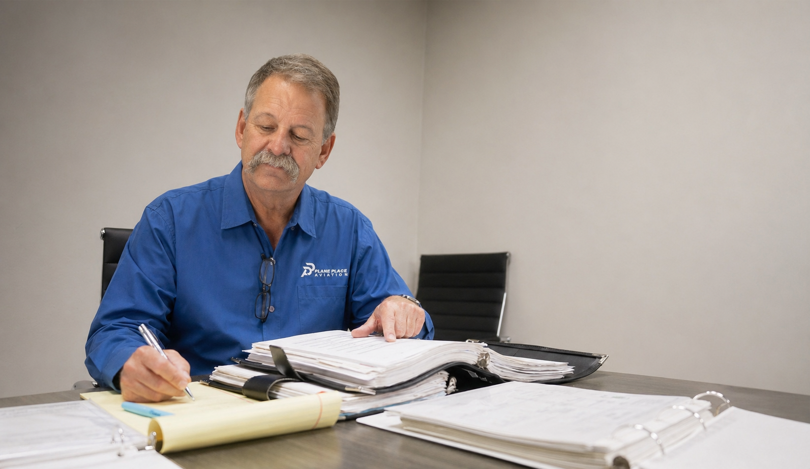 Plane Place Aviation technician performing maintenance management on business jet